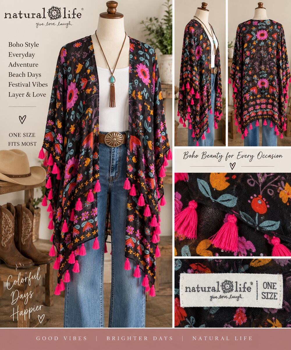 Natural Life Black Floral Tassel Kimono One Size Boho Cover Up